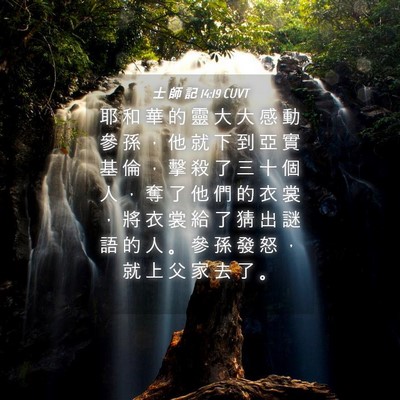 Picture 04 - 士 師 記 14:19 CUVT - 耶 和 華 的 靈 大 大 感 動 參 孫 ， - Bible Verse Picture
