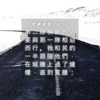 Picture 04 - 尼 希 米 記 12:38 CUVT - 第 二 隊 稱 謝 的 人 要 與 那 一 隊 - Bible Verse Picture