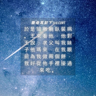 Picture 04 - 撒 母 耳 記 下 13:6 CUVT - 於 是 暗 嫩 躺 臥 裝 病 。 王 來 看 - Bible Verse Picture