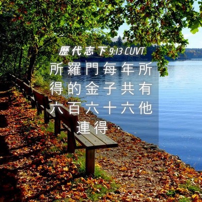 Picture 04 - 歷 代 志 下 9:13 CUVT - 所 羅 門 每 年 所 得 的 金 子 共 有 - Bible Verse Picture