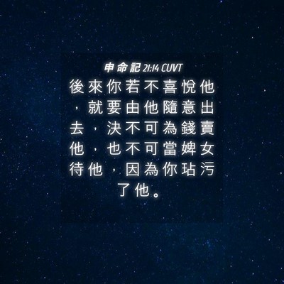 Picture 04 - 申 命 記 21:14 CUVT - 後 來 你 若 不 喜 悅 他 ， 就 要 由 - Bible Verse Picture