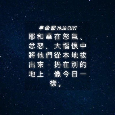 Picture 04 - 申 命 記 29:28 CUVT - 耶 和 華 在 怒 氣 、 忿 怒 、 大 惱 - Bible Verse Picture