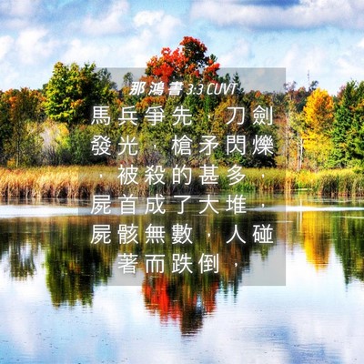 Picture 04 - 那 鴻 書 3:3 CUVT - 馬 兵 爭 先 ， 刀 劍 發 光 ， 槍 矛 - Bible Verse Picture