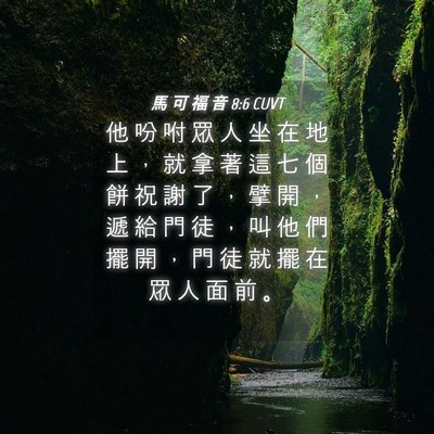 Picture 04 - 馬 可 福 音 8:6 CUVT - 他 吩 咐 眾 人 坐 在 地 上 ， 就 拿 - Bible Verse Picture