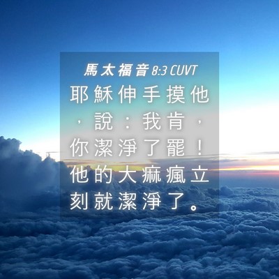 Picture 04 - 馬 太 福 音 8:3 CUVT - 耶 穌 伸 手 摸 他 ， 說 ： 我 肯 ， - Bible Verse Picture