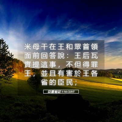 Picture 05 - 以 斯 帖 記 1:16 CUVT - 米 母 干 在 王 和 眾 首 領 面 前 回 - Bible Verse Picture