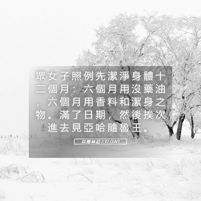 Picture 05 - 以 斯 帖 記 2:12 CUVT - 眾 女 子 照 例 先 潔 淨 身 體 十 二 - Bible Verse Picture