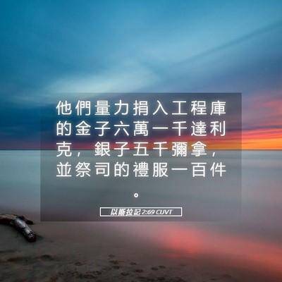 Picture 05 - 以 斯 拉 記 2:69 CUVT - 他 們 量 力 捐 入 工 程 庫 的 金 子 - Bible Verse Picture
