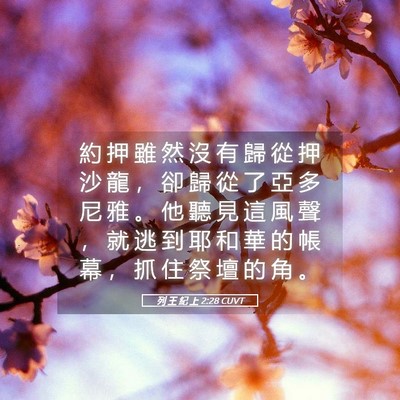 Picture 05 - 列 王 紀 上 2:28 CUVT - 約 押 雖 然 沒 有 歸 從 押 沙 龍 ， - Bible Verse Picture