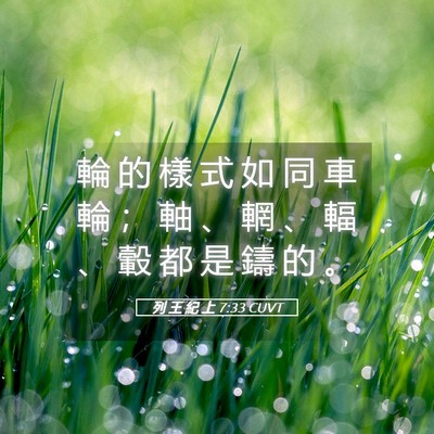 Picture 05 - 列 王 紀 上 7:33 CUVT - 輪 的 樣 式 如 同 車 輪 ； 軸 、 輞 - Bible Verse Picture