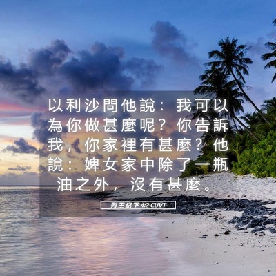 Picture 05 - 列 王 紀 下 4:2 CUVT - 以 利 沙 問 他 說 ： 我 可 以 為 你 - Bible Verse Picture
