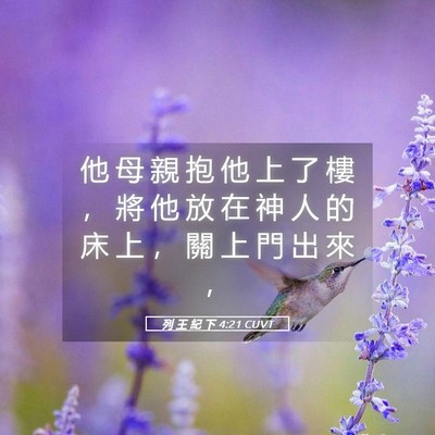 Picture 05 - 列 王 紀 下 4:21 CUVT - 他 母 親 抱 他 上 了 樓 ， 將 他 放 - Bible Verse Picture