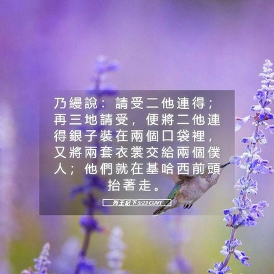 Picture 05 - 列 王 紀 下 5:23 CUVT - 乃 縵 說 ： 請 受 二 他 連 得 ； 再 - Bible Verse Picture