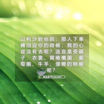 Picture 05 - 列 王 紀 下 5:26 CUVT - 以 利 沙 對 他 說 ： 那 人 下 車 轉 - Bible Verse Picture