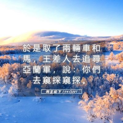 Picture 05 - 列 王 紀 下 7:14 CUVT - 於 是 取 了 兩 輛 車 和 馬 ， 王 差 - Bible Verse Picture