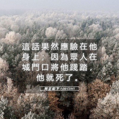 Picture 05 - 列 王 紀 下 7:20 CUVT - 這 話 果 然 應 驗 在 他 身 上 ； 因 - Bible Verse Picture