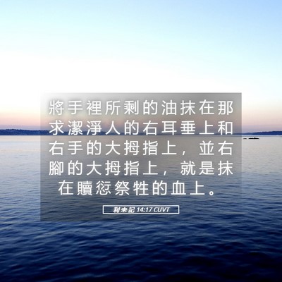 Picture 05 - 利 未 記 14:17 CUVT - 將 手 裡 所 剩 的 油 抹 在 那 求 潔 - Bible Verse Picture