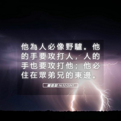 Picture 05 - 創 世 記 16:12 CUVT - 他 為 人 必 像 野 驢 。 他 的 手 要 - Bible Verse Picture