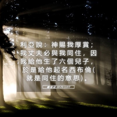 Picture 05 - 創 世 記 30:20 CUVT - 利 亞 說 ： 神 賜 我 厚 賞 ； 我 丈 - Bible Verse Picture