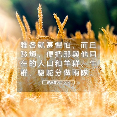 Picture 05 - 創 世 記 32:7 CUVT - 雅 各 就 甚 懼 怕 ， 而 且 愁 煩 ， - Bible Verse Picture