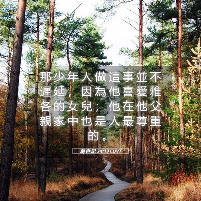 Picture 05 - 創 世 記 34:19 CUVT - 那 少 年 人 做 這 事 並 不 遲 延 ， - Bible Verse Picture