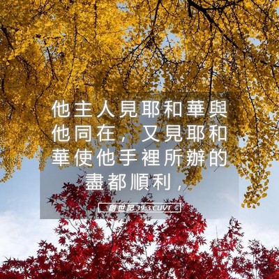 Picture 05 - 創 世 記 39:3 CUVT - 他 主 人 見 耶 和 華 與 他 同 在 ， - Bible Verse Picture