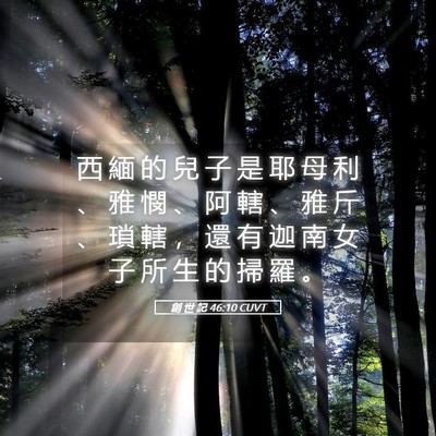 Picture 05 - 創 世 記 46:10 CUVT - 西 緬 的 兒 子 是 耶 母 利 、 雅 憫 - Bible Verse Picture