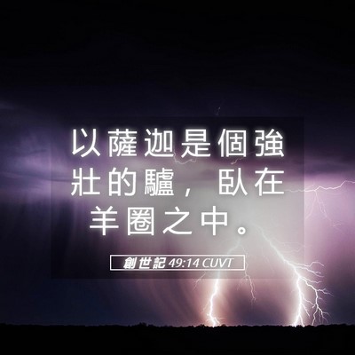 Picture 05 - 創 世 記 49:14 CUVT - 以 薩 迦 是 個 強 壯 的 驢 ， 臥 在 - Bible Verse Picture