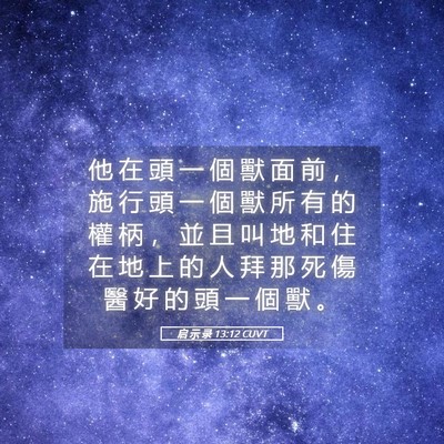 Picture 05 - 启 示 录 13:12 CUVT - 他 在 頭 一 個 獸 面 前 ， 施 行 頭 - Bible Verse Picture