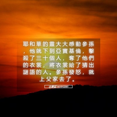 Picture 05 - 士 師 記 14:19 CUVT - 耶 和 華 的 靈 大 大 感 動 參 孫 ， - Bible Verse Picture
