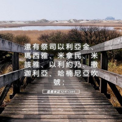Picture 05 - 尼 希 米 記 12:41 CUVT - 還 有 祭 司 以 利 亞 金 、 瑪 西 雅 - Bible Verse Picture