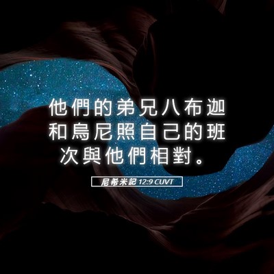 Picture 05 - 尼 希 米 記 12:9 CUVT - 他 們 的 弟 兄 八 布 迦 和 烏 尼 照 - Bible Verse Picture