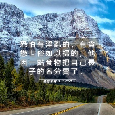 Picture 05 - 希 伯 來 書 12:16 CUVT - 恐 怕 有 淫 亂 的 ， 有 貪 戀 世 俗 - Bible Verse Picture