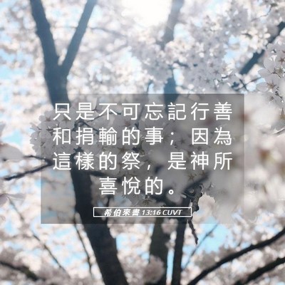 Picture 05 - 希 伯 來 書 13:16 CUVT - 只 是 不 可 忘 記 行 善 和 捐 輸 的 - Bible Verse Picture