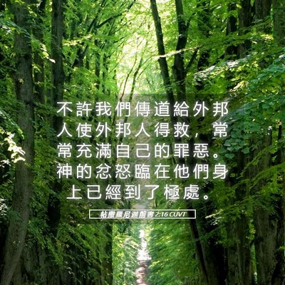 Picture 05 - 帖 撒 羅 尼 迦 前 書 2:16 CUVT - 不 許 我 們 傳 道 給 外 邦 人 使 外 - Bible Verse Picture