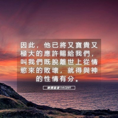 Picture 05 - 彼 得 後 書 1:4 CUVT - 因 此 ， 他 已 將 又 寶 貴 又 極 大 - Bible Verse Picture