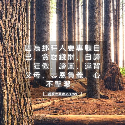 Picture 05 - 提 摩 太 後 書 3:2 CUVT - 因 為 那 時 人 要 專 顧 自 己 、 貪 - Bible Verse Picture