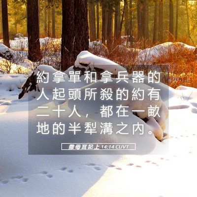 Picture 05 - 撒 母 耳 記 上 14:14 CUVT - 約 拿 單 和 拿 兵 器 的 人 起 頭 所 - Bible Verse Picture