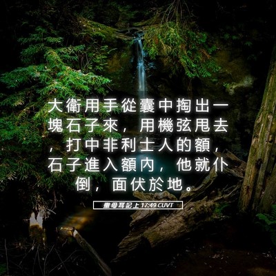 Picture 05 - 撒 母 耳 記 上 17:49 CUVT - 大 衛 用 手 從 囊 中 掏 出 一 塊 石 - Bible Verse Picture