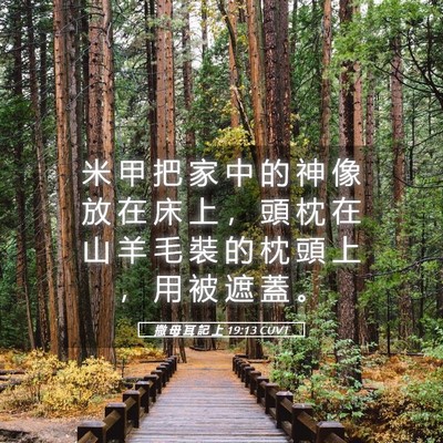 Picture 05 - 撒 母 耳 記 上 19:13 CUVT - 米 甲 把 家 中 的 神 像 放 在 床 上 - Bible Verse Picture