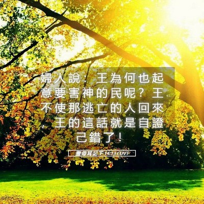 Picture 05 - 撒 母 耳 記 下 14:13 CUVT - 婦 人 說 ： 王 為 何 也 起 意 要 害 - Bible Verse Picture