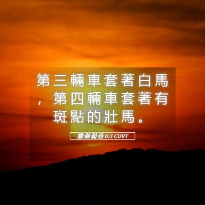 Picture 05 - 撒 迦 利 亞 6:3 CUVT - 第 三 輛 車 套 著 白 馬 ， 第 四 輛 - Bible Verse Picture