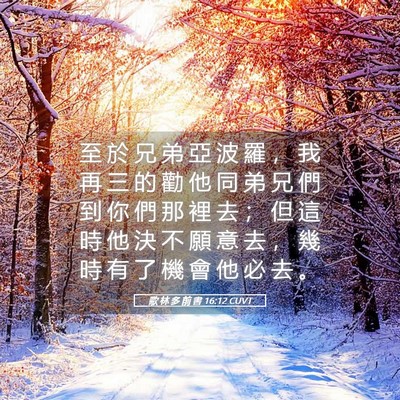 Picture 05 - 歌 林 多 前 書 16:12 CUVT - 至 於 兄 弟 亞 波 羅 ， 我 再 三 的 - Bible Verse Picture