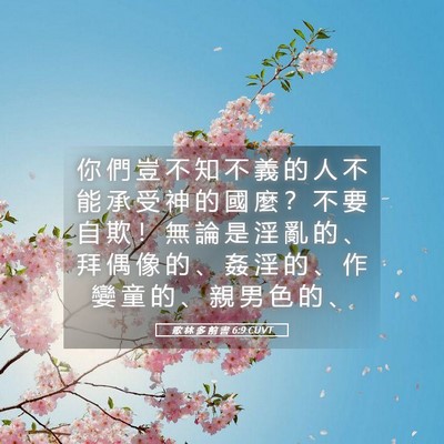 Picture 05 - 歌 林 多 前 書 6:9 CUVT - 你 們 豈 不 知 不 義 的 人 不 能 承 - Bible Verse Picture