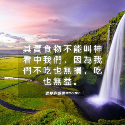 Picture 05 - 歌 林 多 前 書 8:8 CUVT - 其 實 食 物 不 能 叫 神 看 中 我 們 - Bible Verse Picture