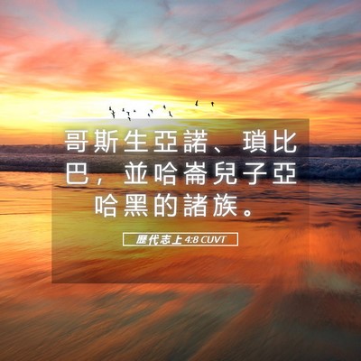 Picture 05 - 歷 代 志 上 4:8 CUVT - 哥 斯 生 亞 諾 、 瑣 比 巴 ， 並 哈 - Bible Verse Picture