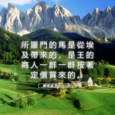 Picture 05 - 歷 代 志 下 1:16 CUVT - 所 羅 門 的 馬 是 從 埃 及 帶 來 的 - Bible Verse Picture