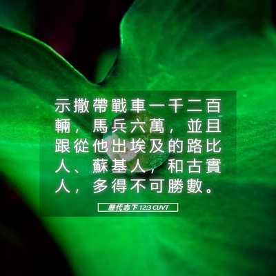 Picture 05 - 歷 代 志 下 12:3 CUVT - 示 撒 帶 戰 車 一 千 二 百 輛 ， 馬 - Bible Verse Picture
