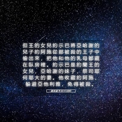 Picture 05 - 歷 代 志 下 22:11 CUVT - 但 王 的 女 兒 約 示 巴 將 亞 哈 謝 - Bible Verse Picture