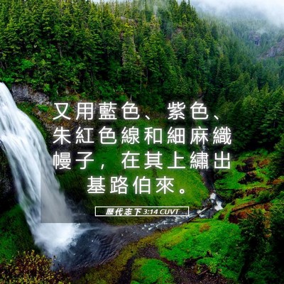 Picture 05 - 歷 代 志 下 3:14 CUVT - 又 用 藍 色 、 紫 色 、 朱 紅 色 線 - Bible Verse Picture